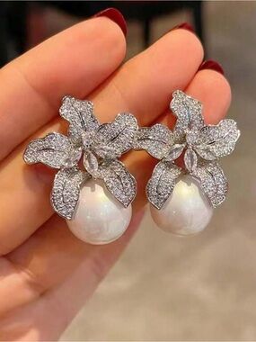 Celestia Silver Pearl Orchid Stud Earrings